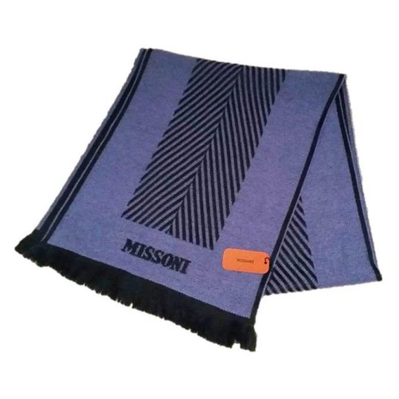MISSONI Italy CHEVRON Pattern Centered FRINGE Trim WOOL Scarf BLACK / MAUVE - Picture 1 of 3